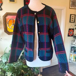 Vintage 70’s Plaid Knit Button-Front Cardigan Jacket in Navy, Green & Red